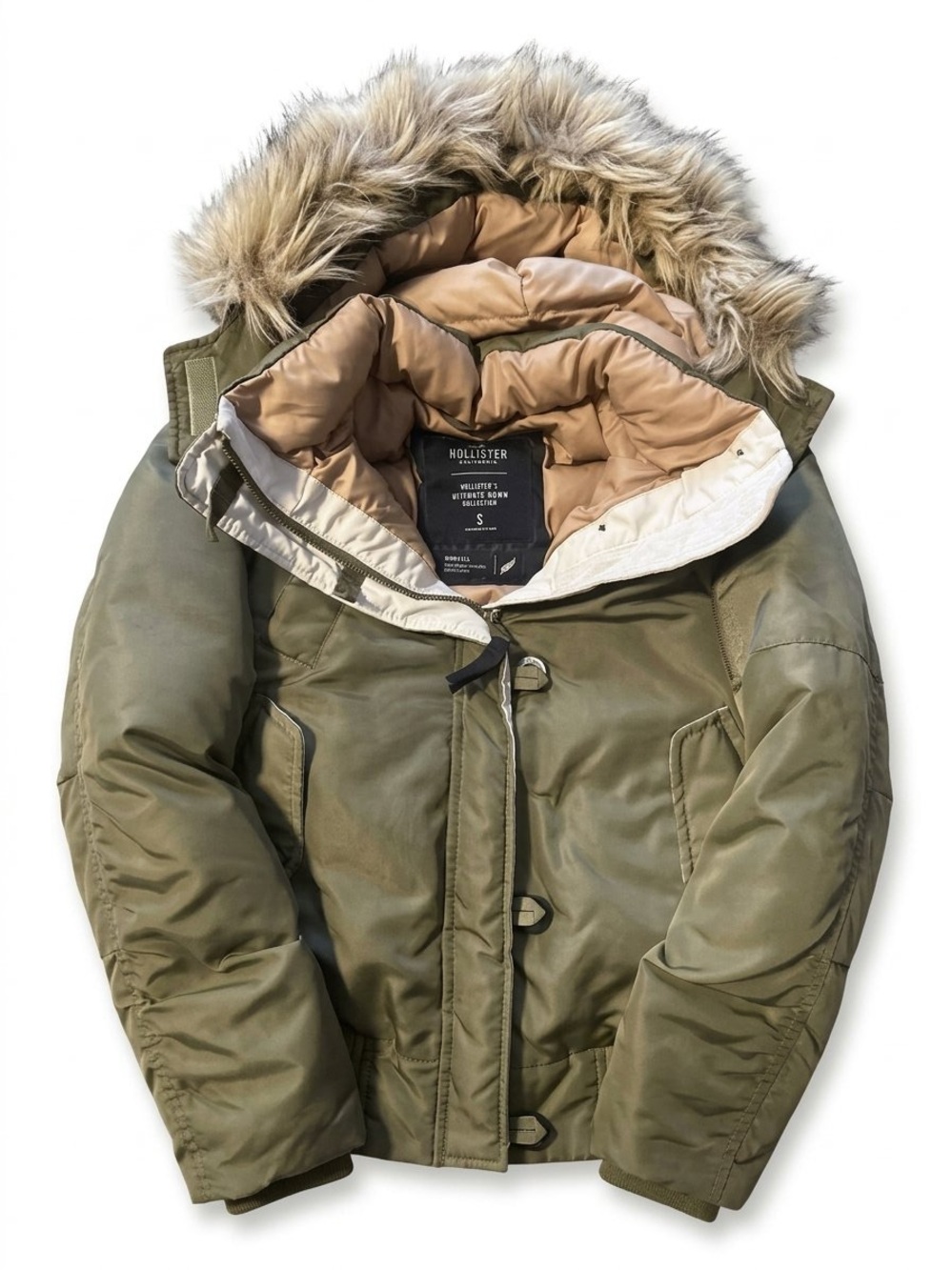 Down Hollister Olive Green Quilted Puffer Jacket with Faux Fur Hood